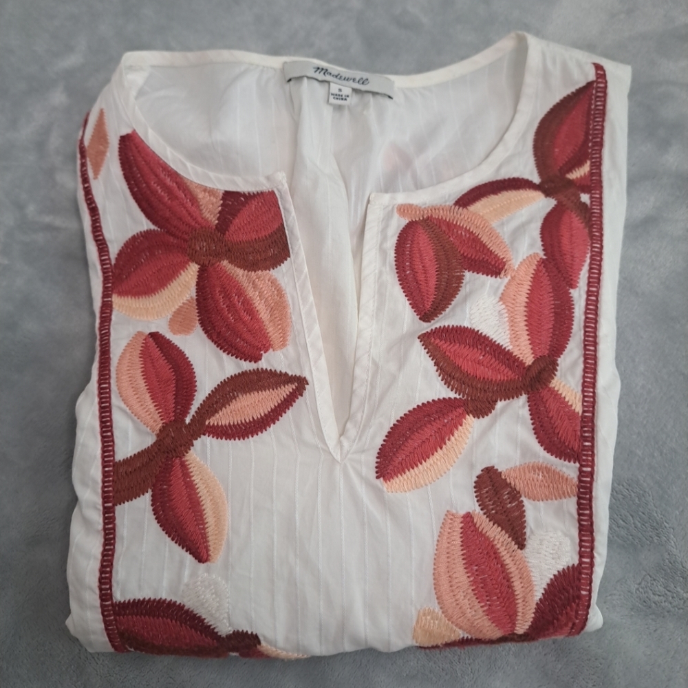 Madewell Women's Ivory Embroidered V-neck Short Sleeve Blouse Size Small Boho - Picture 16 of 16